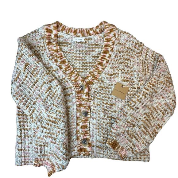 Blu Pepper Marled Button Front Cardigan NWT Cream Brown Pink Size Large - Picture 9 of 13